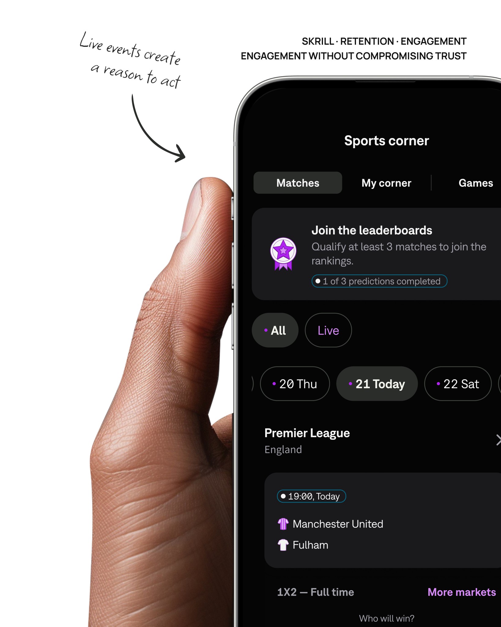 Skrill Sports Corner on mobile: live events and leaderboard predictions — engagement without compromising trust