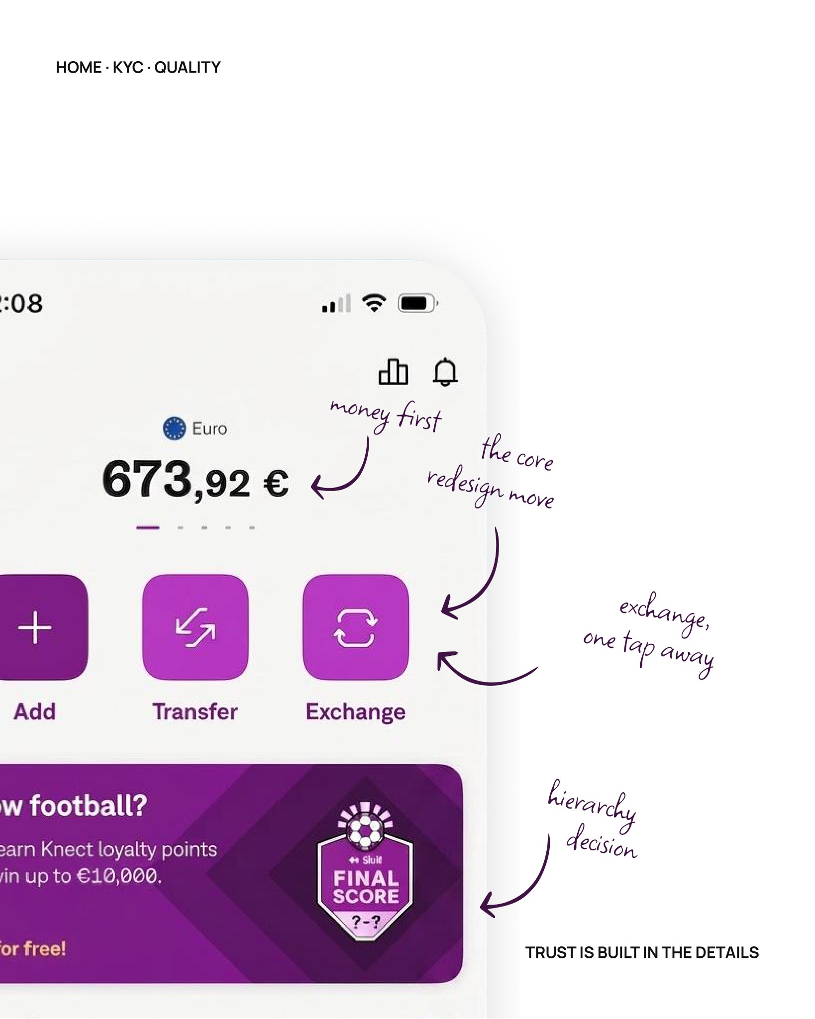 Skrill wallet home annotated: money first, exchange one tap away, promotions lower in hierarchy — trust is built in the details