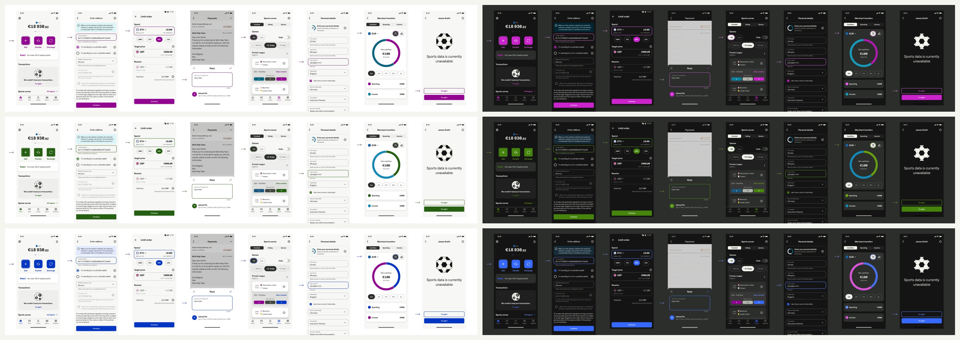 The same product screens rendered in three brand themes, Skrill, Neteller and PaysafeCard, each in light and dark mode, with focus states shown on every flow.