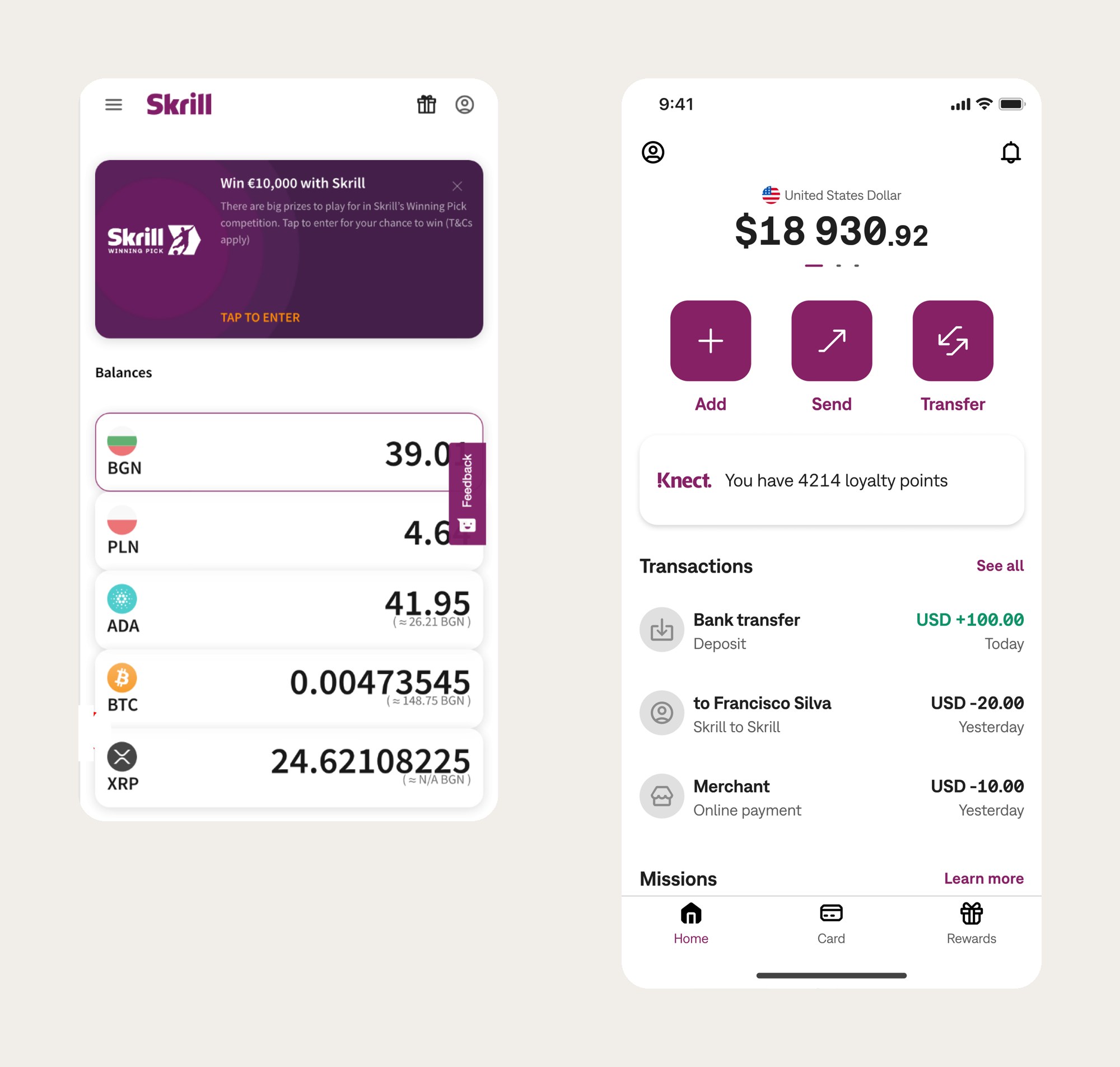 The Skrill home before and after. Before, in 2022: a promotional banner on top and a list of currency balances, with no money actions on the screen. After: one balance with Add, Send and Transfer directly under it, then loyalty points, recent transactions and a bottom navigation with Home, Card and Rewards.