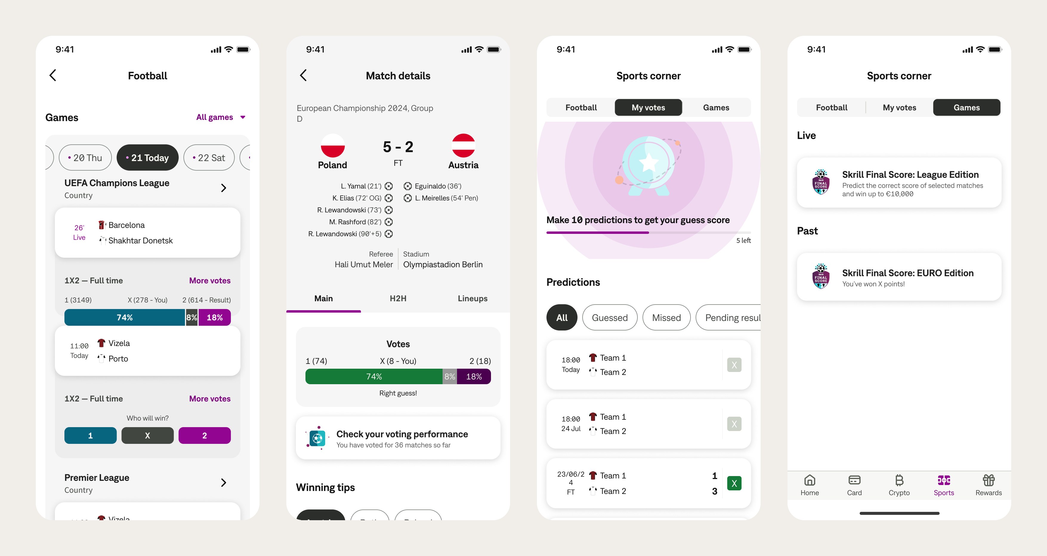 Four Sports Corner screens from the Skrill app: the Football tab with live matches and community vote bars, a match details page with the vote result and winning tips, the My votes tab with progress towards a guess score, and the Games tab listing the Final Score prediction games.