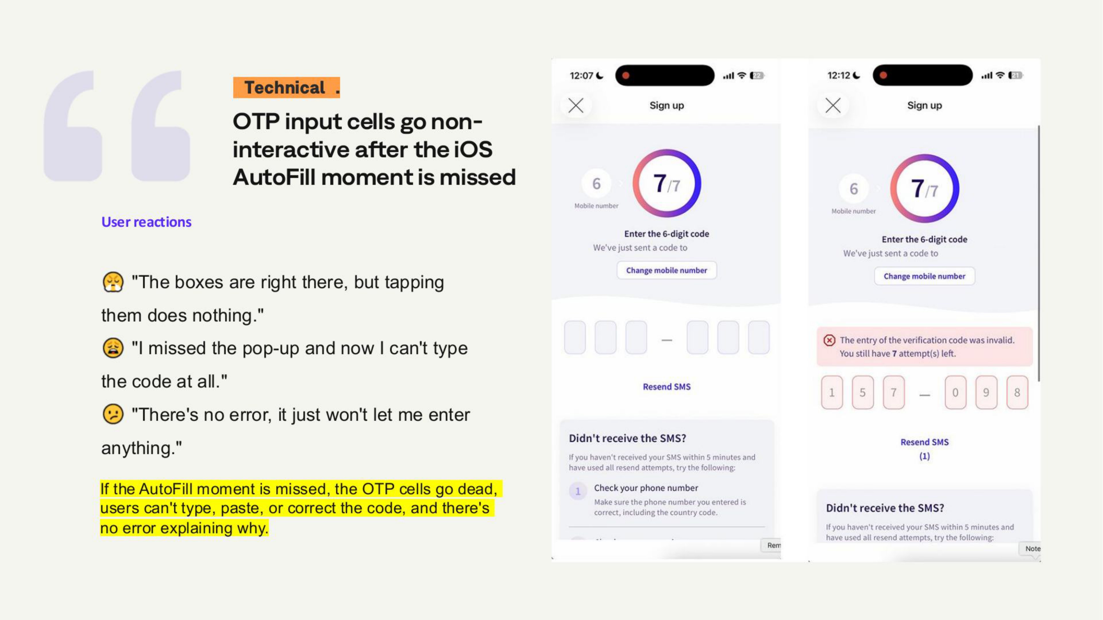 Finding slide: OTP input cells go non-interactive after the iOS AutoFill moment is missed, with user reactions and two redacted sign-up code screenshots.