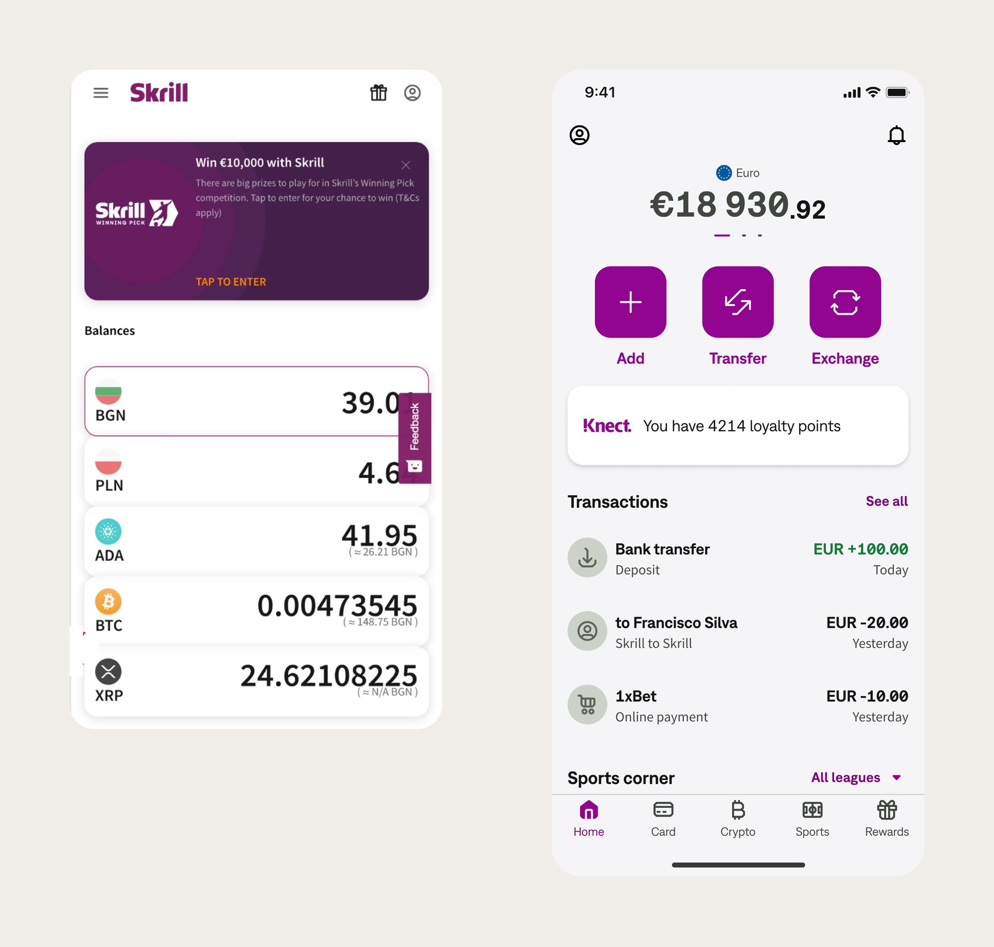The live Skrill home before the redesign, with a promotion banner and a list of balances, next to the redesigned home with the balance, Add, Transfer and Exchange at the top.